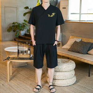 夏季新款男装 中国风棉麻套装刺绣两件套短袖+短裤 A18-P55图片