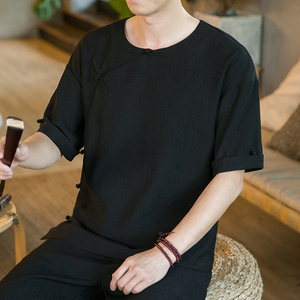 夏季新款男装冰丝抗皱宽松唐装衬衣中国风盘扣短袖衬衫绿C18-P55