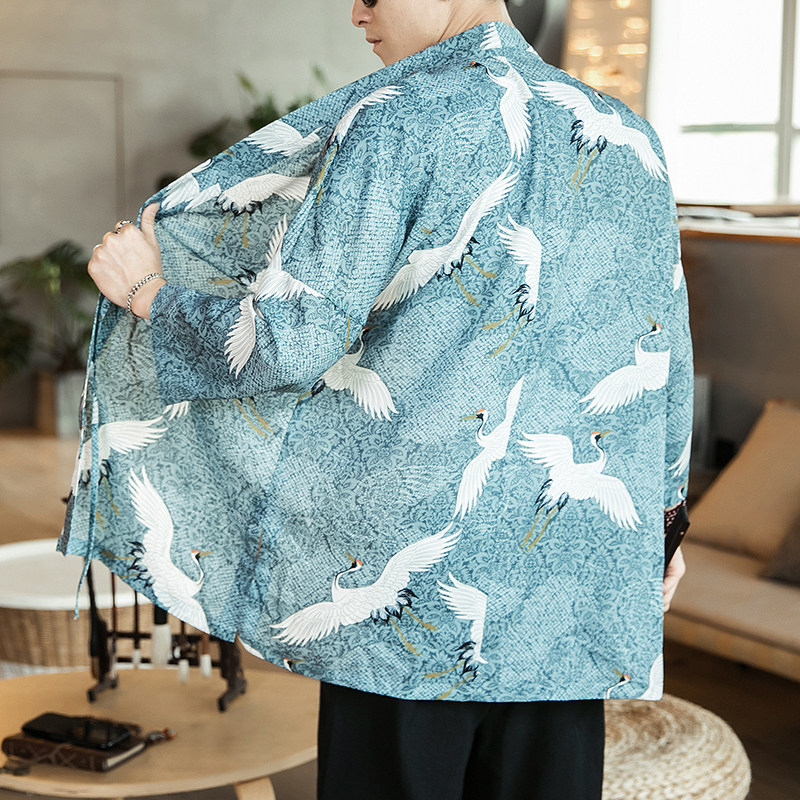 2021夏季风衣中国风男防晒衣仙鹤印花中长款披风F08-P55咖啡厅,男装风衣,电商B277(原6028)