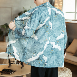2021夏季风衣中国风男防晒衣仙鹤印花中长款披风 F08-P55咖啡厅图片