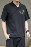 夏季新款男棉麻刺绣宽松唐装衬衣风绣花短袖衬衫黑C11，男装衬衫，电商B277(原6028)