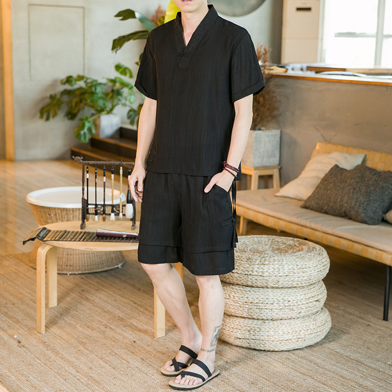 夏新款男装中国风天丝套装刺绣冰丝两件套短袖+短裤浅灰A21-P95,男装休闲套装,电商B277(原6028)