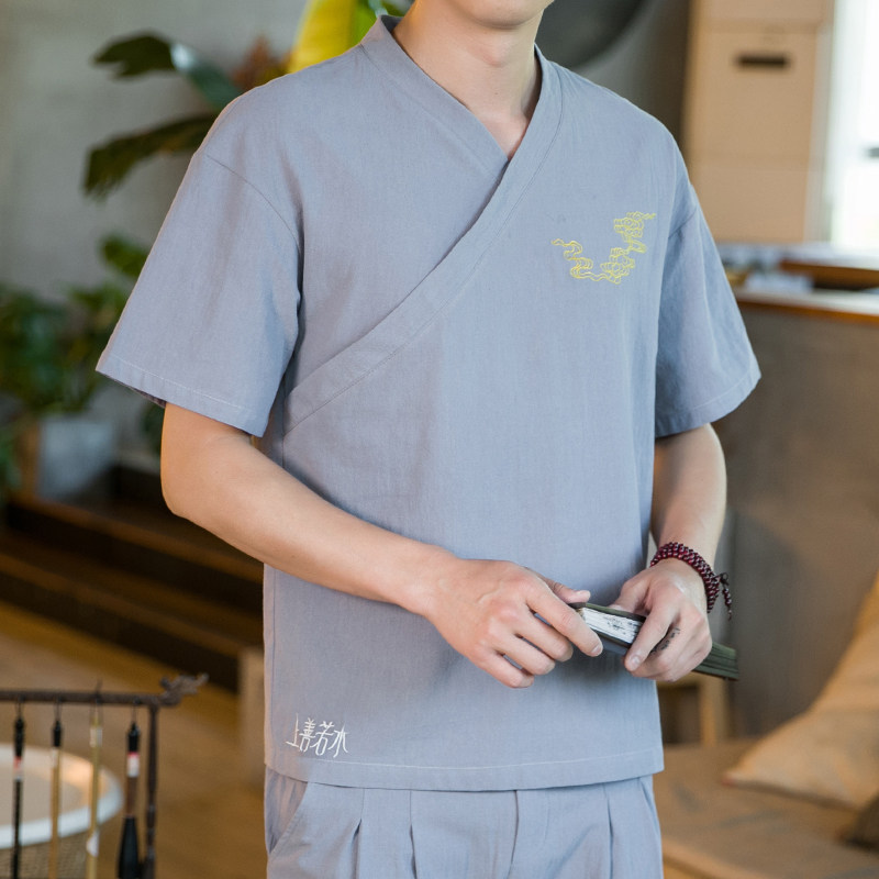 夏季新款男装棉麻刺绣宽松唐装衬衣中国风绣花短袖衬衫绿C11-P35,男装衬衫,电商B277(原6028)