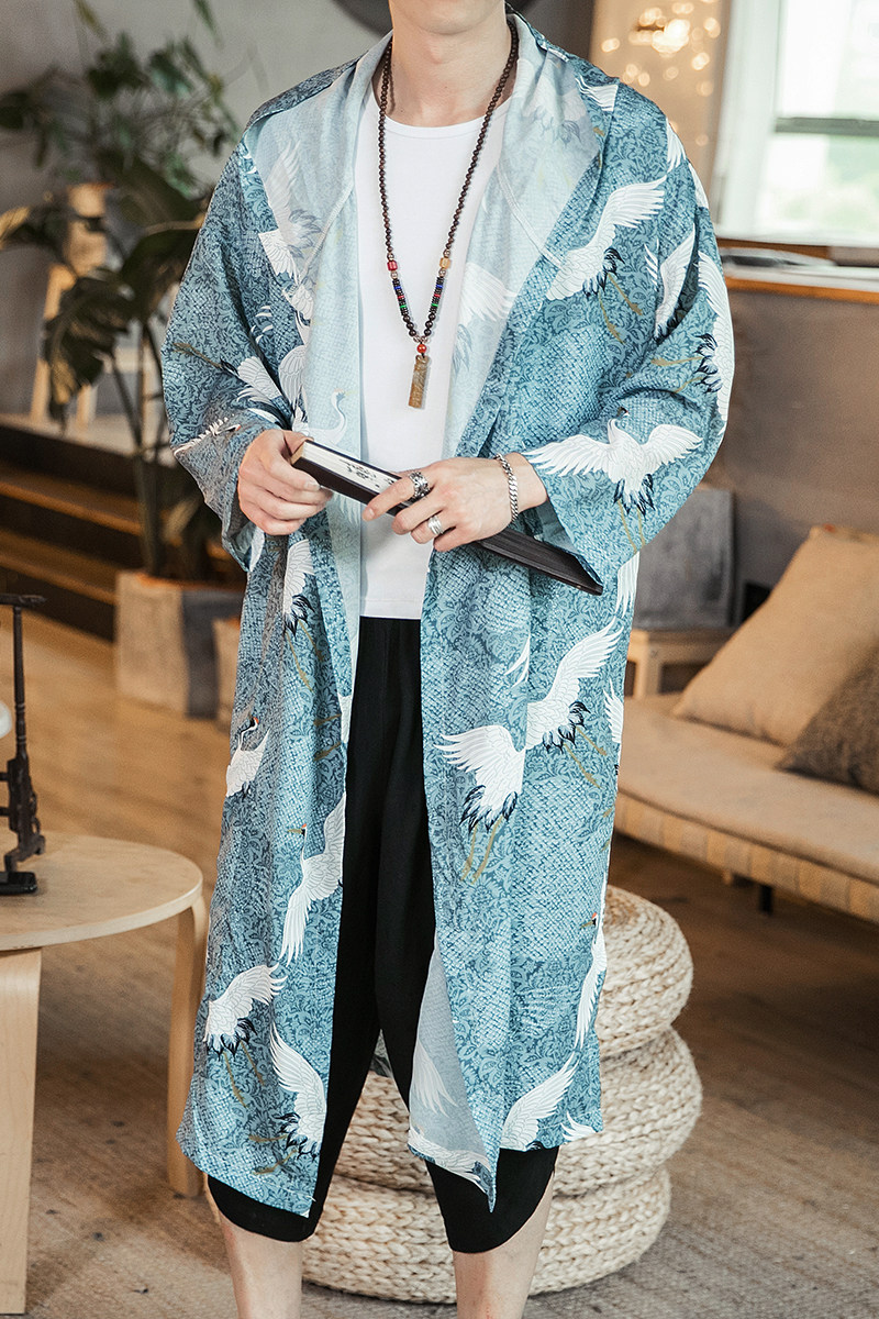 夏季新款风衣中国风男防晒服仙鹤印花长款连帽披风F09-P85咖啡厅,男装风衣,电商B277(原6028)