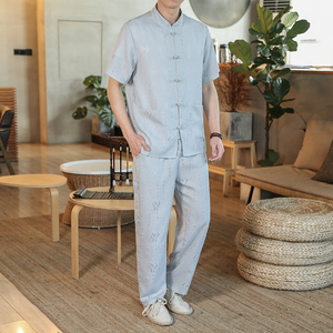 2025夏季新款男装套装风复古棉麻冰丝防皱短袖两件套 A12-P85图片