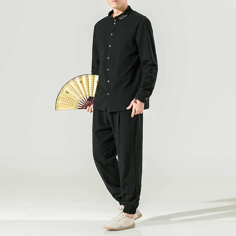 2024春夏新款男装风棉麻祥云刺绣大码两件套白墙黑色A17-P85，男装休闲套装，电商B277(原6028)