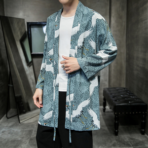2021夏季男装风衣中国风男防晒衣雪纺仙鹤印花中长款披风 F08-P55图片
