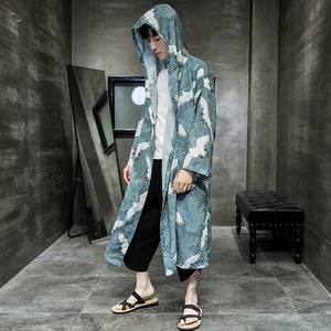 2026夏季新款风衣 风男防晒服仙鹤印花长款连帽披风 F09-P85图片