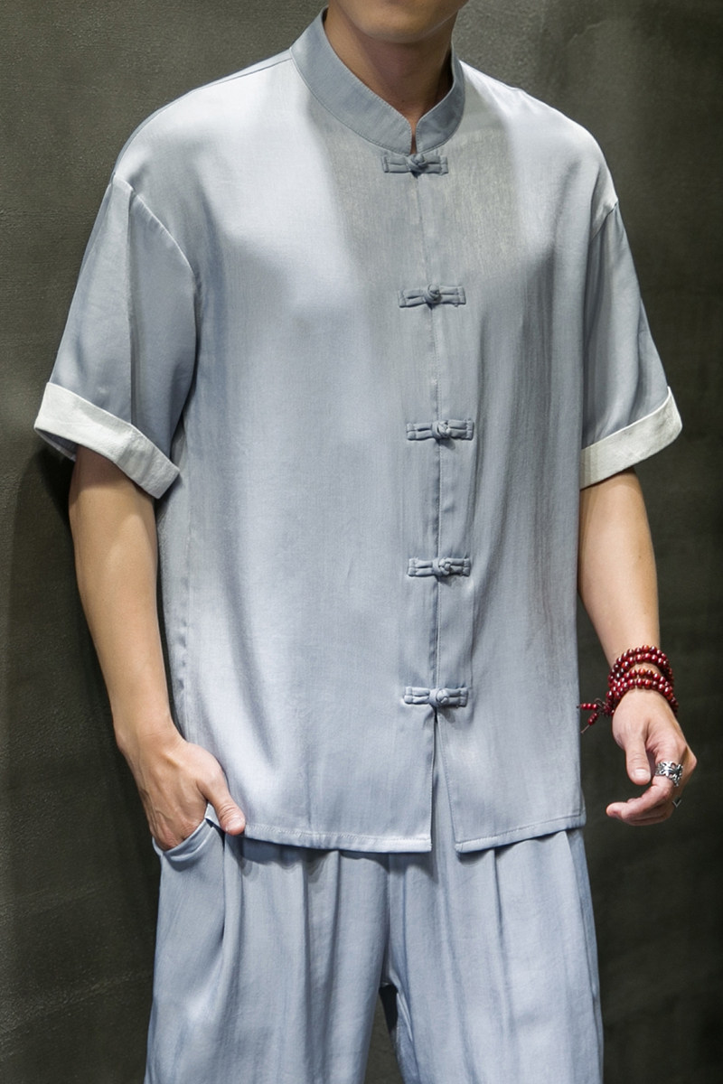 2025春季新款男原创盘扣天丝衬衣风唐装短袖衬衫灰C17-P40,男装T恤,电商B277(原6028)