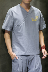 夏季新款男棉麻刺绣宽松唐装衬衣中国风绣花短袖衬衫灰 C11-P35图片