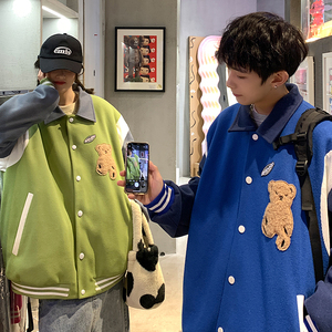 2026冬季新款情侣港风原创小熊毛呢棒球夹克外套 GJ25- P115图片