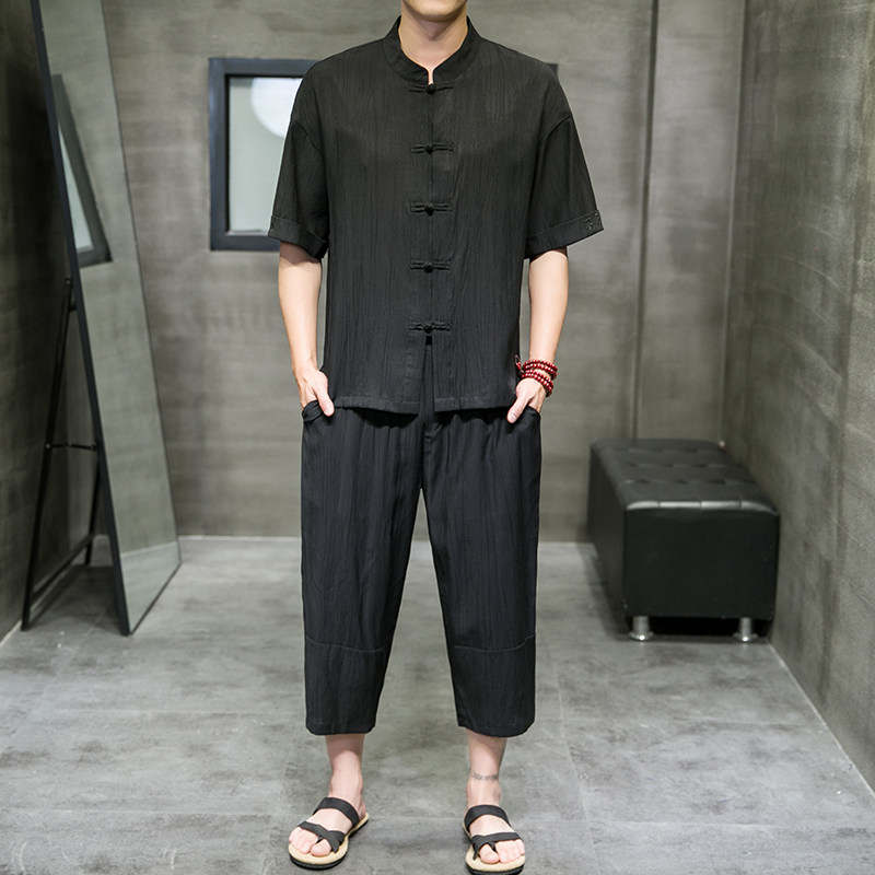 夏新款男中国风天丝套装刺绣冰丝两件套短袖+短裤卡其A20-P95,男装休闲套装,电商B277(原6028)