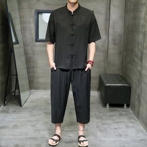 夏新款男中国风天丝套装刺绣冰丝两件套短袖+短裤卡其A20-P95