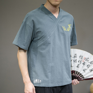 夏季新款男棉麻刺绣宽松唐装衬衣风绣花短袖衬衫灰墙 C11图片