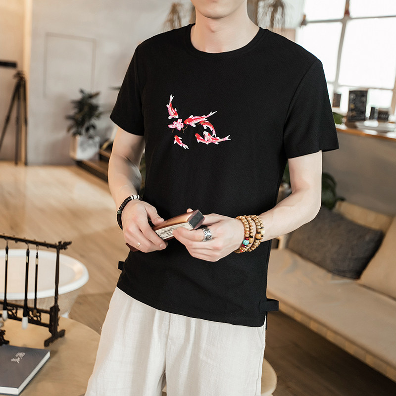 2021夏季新款男装时尚原创设计圆领鲤鱼刺绣T恤中国风短袖G55-P25,男装T恤,电商B277(原6028)
