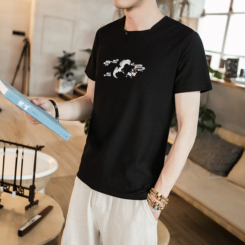 2021夏季新款男装个性设计圆领仙鹤刺绣T恤中国风短袖G51-P25,男装T恤,电商B277(原6028)