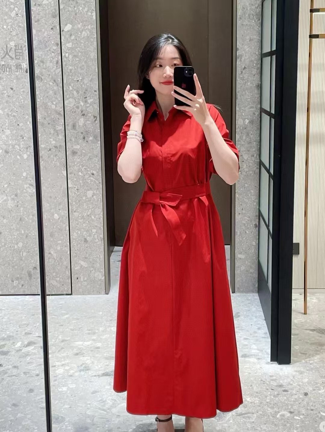 法式红色短袖衬衫连衣裙