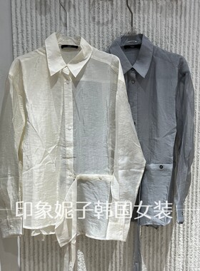 现货2026夏长袖白色绑带女衬衫
