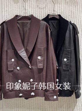 秋新中长款翻领双排扣显瘦皮衣女
