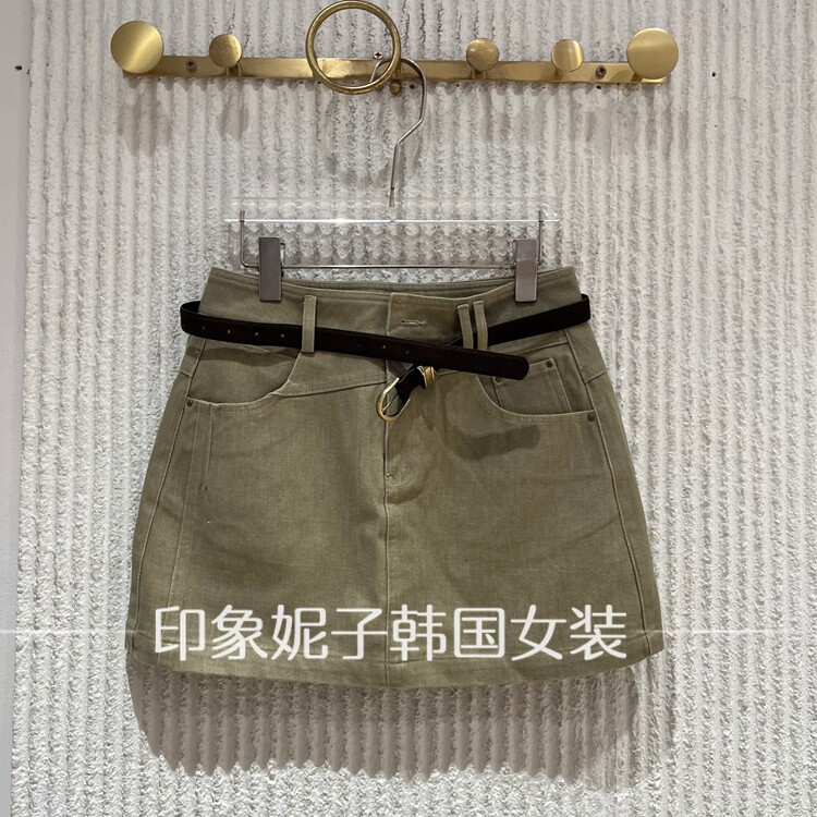 欧洲站2026秋季新款军绿色半身裙女显瘦气质配腰带口袋裙86069