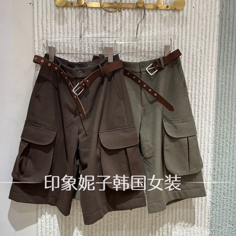 欧洲站 2026 秋季新款深棕军绿配腰带工装五分中裤女3523
