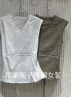 现货欧洲站2026夏季新款V领无袖背心女夏季收腰系带百搭T恤22246
