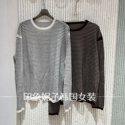 欧洲站秋季条纹薄款圆领针织衫女