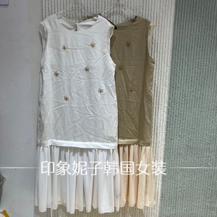 现货欧洲站2026夏季新款无袖刺绣连衣裙女拼接中长裙15637