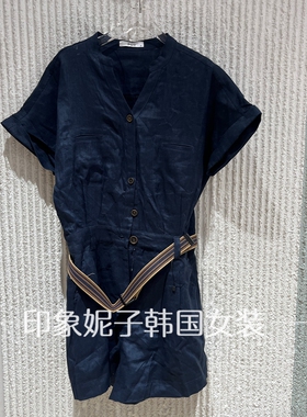 欧洲站2026夏新款港风复古翻领连衣裙女夏短袖系带收腰连体裙6083