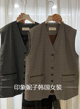 秋季新款格子翻领纽扣马夹女款