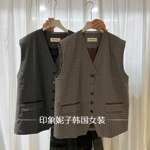 欧洲站2026秋季新款休闲坎肩马夹纽扣时尚气质韩版翻领无袖格子