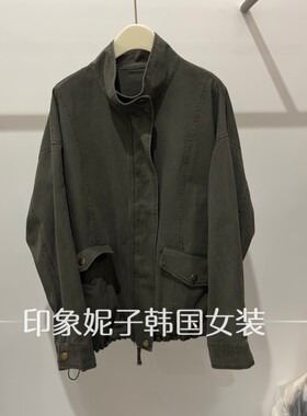 韩国进口2026秋季新款工装风立领短外套女军绿色口袋夹克百搭显瘦