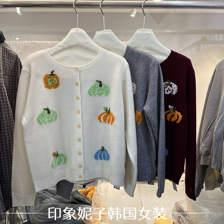 圆领南瓜图案羊毛针织开衫毛衣女