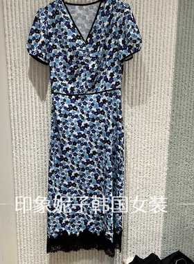 现货法式蓝色碎花V领连衣裙女短袖蕾丝拼接显瘦气质裙