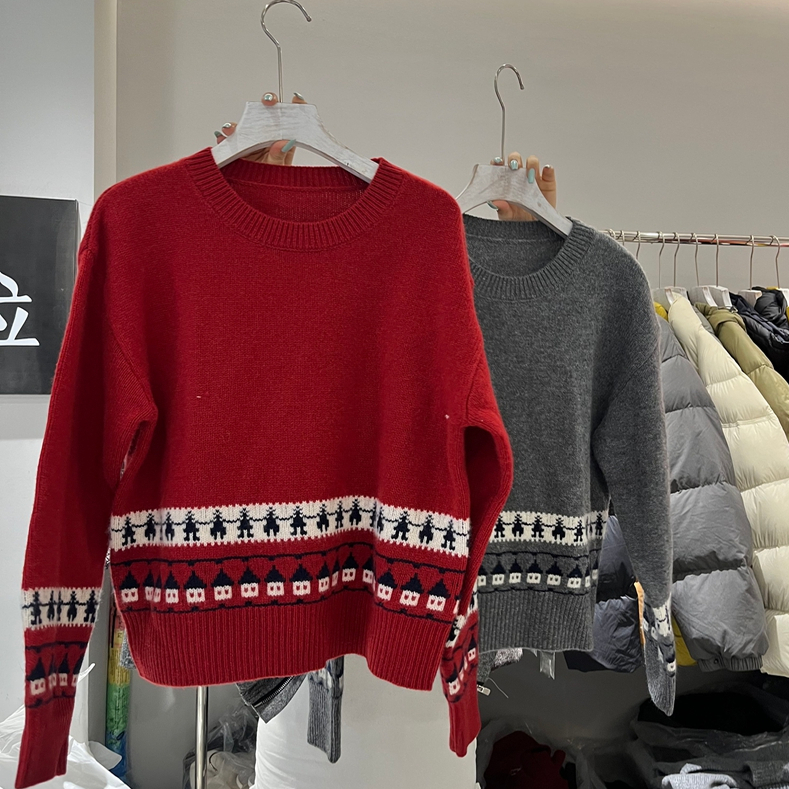 欧洲站费尔岛风复古提花毛衣女圆领长袖针织衫显瘦慵懒山羊绒