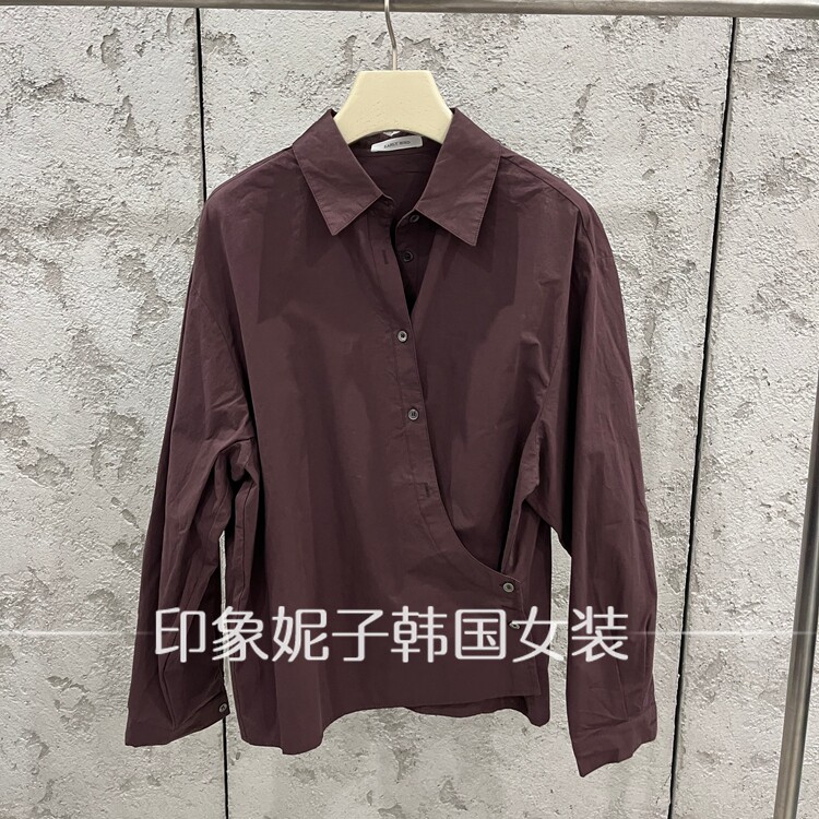韩国进口2026秋季新款酒红不规则斜门襟衬衫女宽松设计感长袖上衣