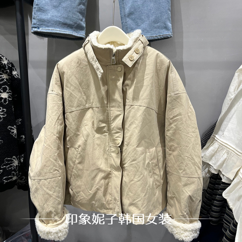 欧洲站2025冬季立领羊羔毛短外套女宽松加绒保暖夹克上衣