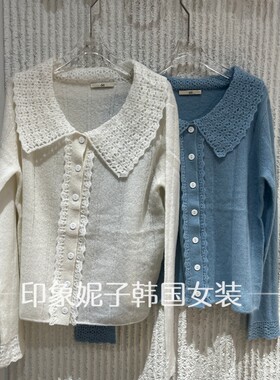 欧洲站秋季蕾丝翻领针织开衫女