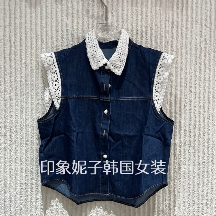 现货欧洲站2026夏季新款翻领单排扣蕾丝拼接女款马夹66091