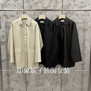 韩国进口 2026 秋季新款翻领 PU 皮外套女中长款宽松皮衣