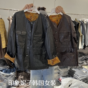 圆领盘扣皮衣外套女宽松显瘦百搭上衣 时尚 欧洲站2025秋季 新款