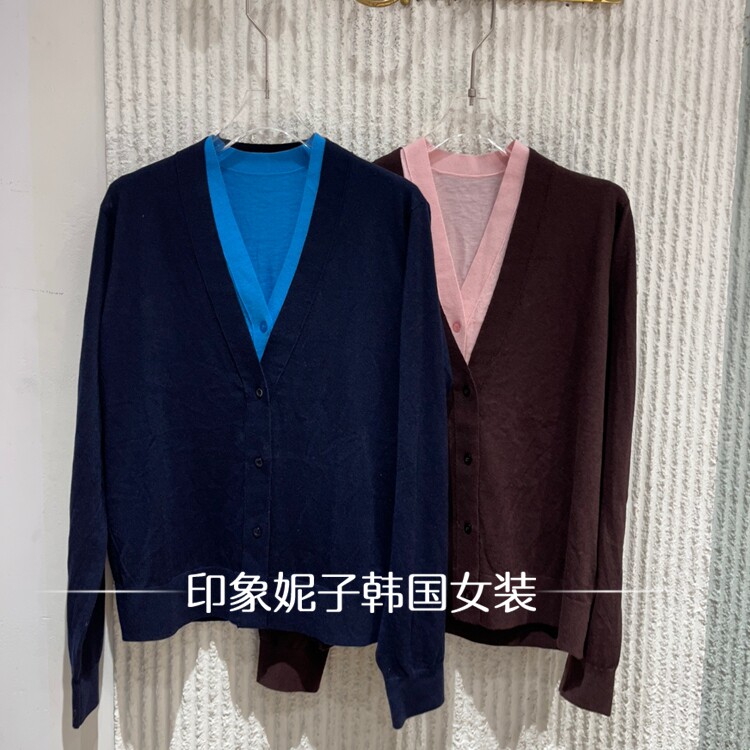 欧洲站2026秋季新款撞色假两件V领开衫女短款针织衫毛衣69076