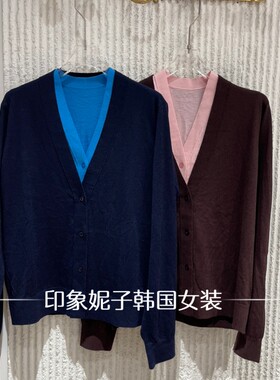 秋季新款撞色V领假两件针织开衫