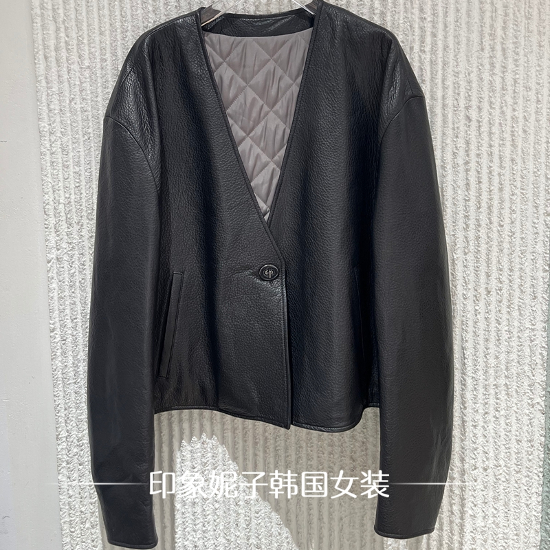 欧洲站2025冬季新款 个性气质V领一粒扣短款驼绒皮衣外套女DK573