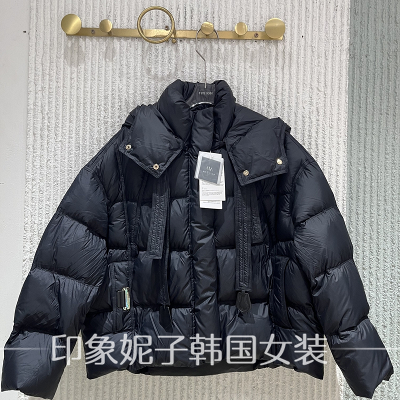 欧洲站2025冬季新款 时尚连帽飘带短款白鸭绒羽绒服外套女853050