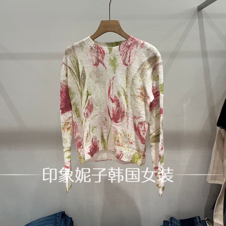 欧洲站 2026 秋季油画风水彩花朵圆领宽松薄款针织上衣