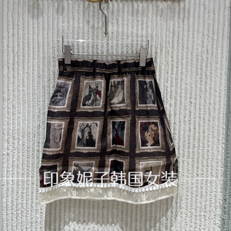 现货欧洲站2026夏季新款印花半身裙女高腰A字短裙松紧腰8330