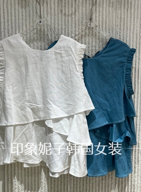 现货欧洲站2026夏季新款无袖圆领衬衫荷叶边宽松显瘦百搭15630