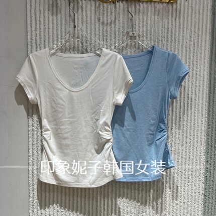 现货欧洲站2026夏新款褶皱V领短袖T恤女夏季轻薄显瘦上衣简约3582