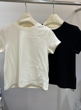 欧洲站2025冬季新款 简约纯色百搭显瘦圆领三角标短袖T恤女70524
